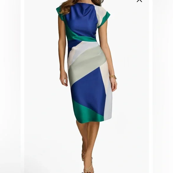Donna Karan Blue, Green & Cream Geometric Sheath Midi Dress - Picture 4 of 7